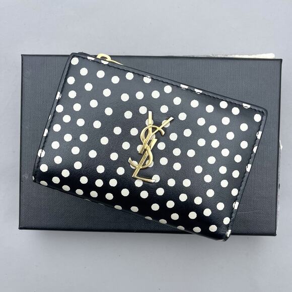 Saint Laurent YSL-Plaque Polka-Dot Print Leather Compact Card Holder Wallet - Picture 1 of 13